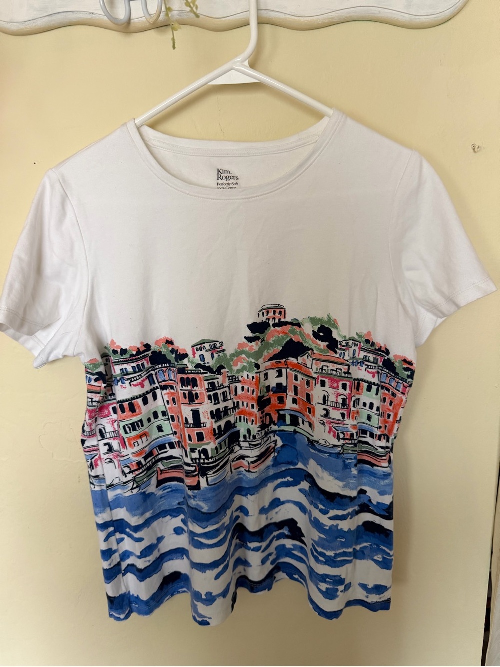 Kim Rogers White Tee with Colorful Coastal Cityscape
